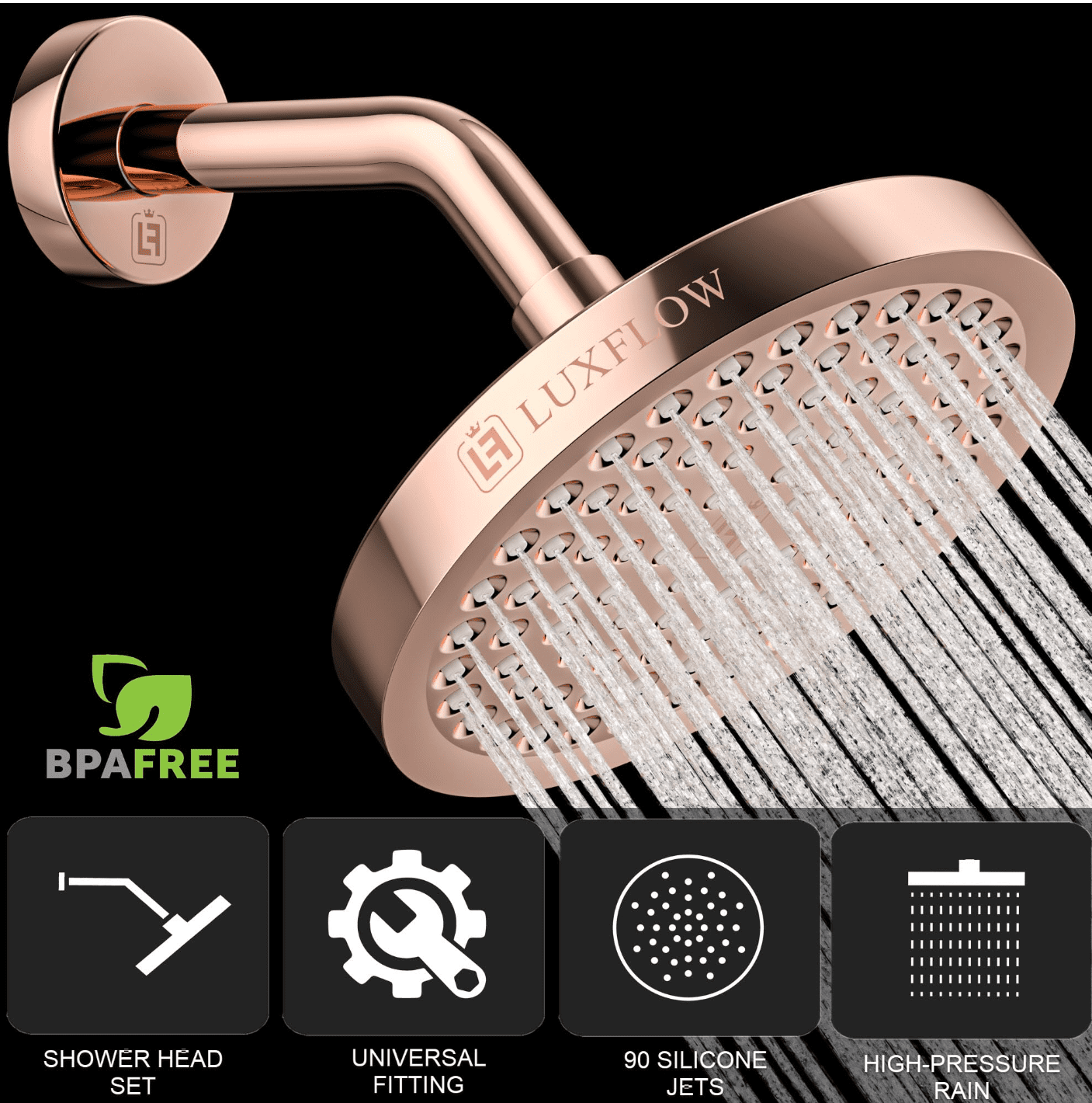LUXFLOW 6" Rain Shower Head with Matching Arm – High Pressure, Anti-Clogging, Rustproof, Easy 3-Minute Install – Radiant Rose Gold