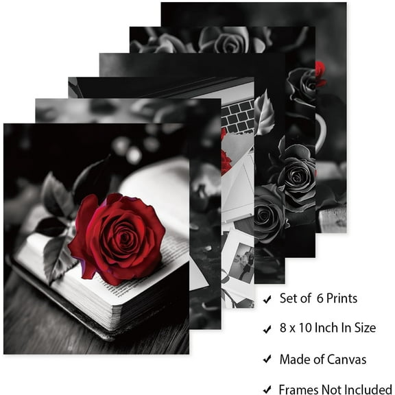 6 Pack Red Rose Flower Unframed Waterproof Canvas Wall Art Decor 8" x 10" Modern Black and White Floral Canvas Wall Poster for Home Office Bathrooms Bedrooms Living Room Decor