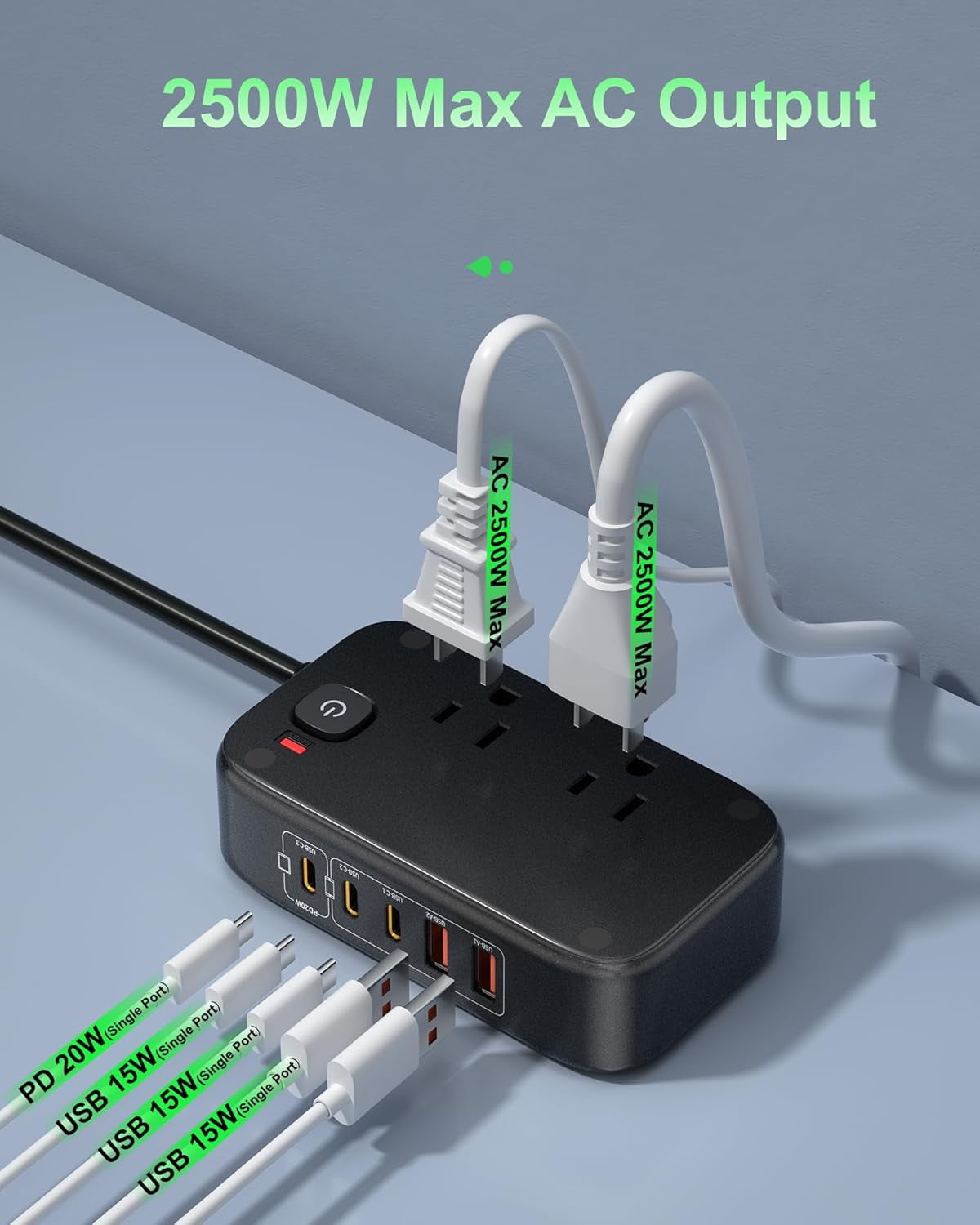 20W USB C Power Strip with 2500W AC Outlects, 3 USB-C Ports, 2 USB-A Ports, 5FT Flat Extension Cord Outlet Extende Desk Charging Station