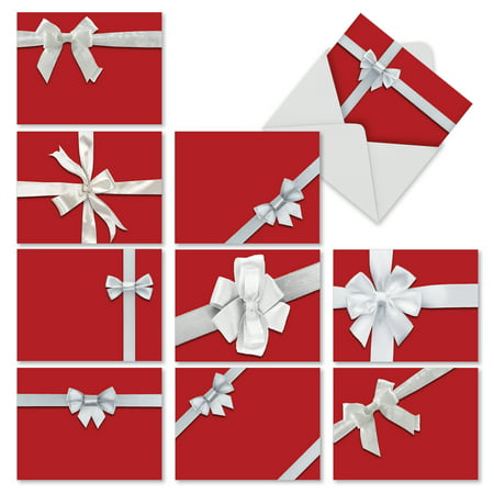 M2262 TIE ONE ON' 10 Assorted Merry Christmas Notecards Featuring Images Of Red-Wrapped Gift Boxes Tied With White Bows with Envelopes by The Best Card