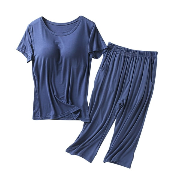 Womens T-Shirt Built-in Bra Padded Tops Short Sleeve Nightgown Soft Cotton Sleepwear Loose Fit Casual Pajamas Sets