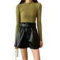 thumbnail image 1 of Franhais Women PU Leather Shorts, Pleated Waist Adjustable Belt Basic Solid Color Loose Hem Pant, 1 of 6