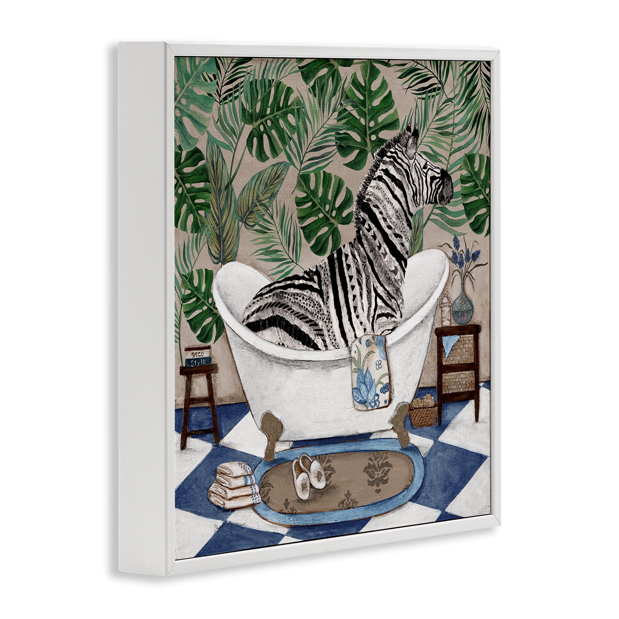 Stupell Industries Zebra in Tropical Bathtub White Framed Giclee Art, design by Janet Tava