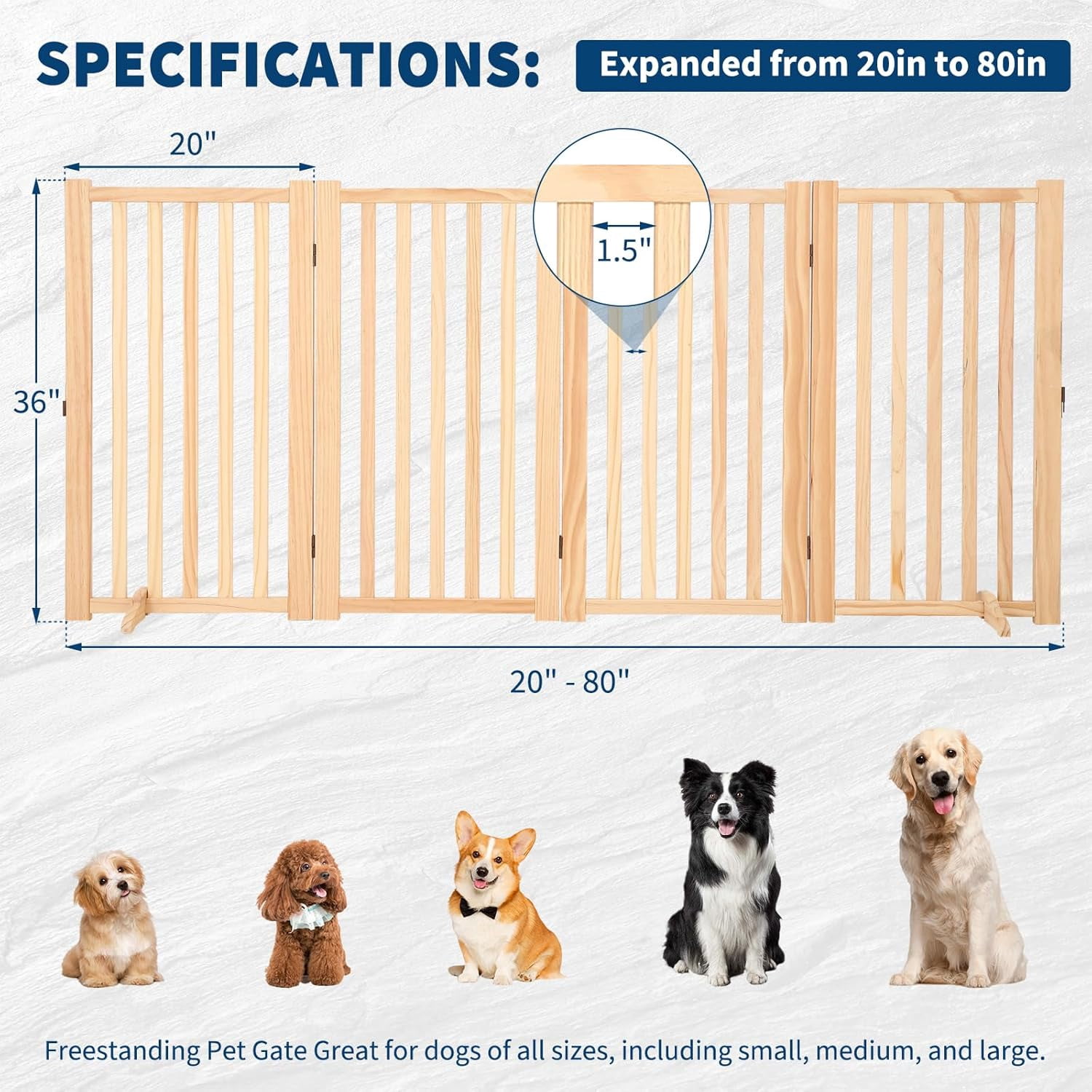 Roromall Wooden Freestanding Dog Gate, Foldable Pet Gate with Support Feet, Indoor Dog Fence for House, Doorways, Stairs, Expandable Pet Fence -4 Panel, 36"H