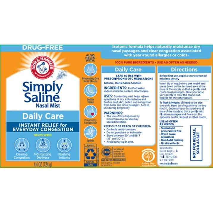 Arm & Hammer Simply Saline Daily Care Nasal Mist 4.4oz, Saline Nasal Spray, Drug-Free, 3-Pack