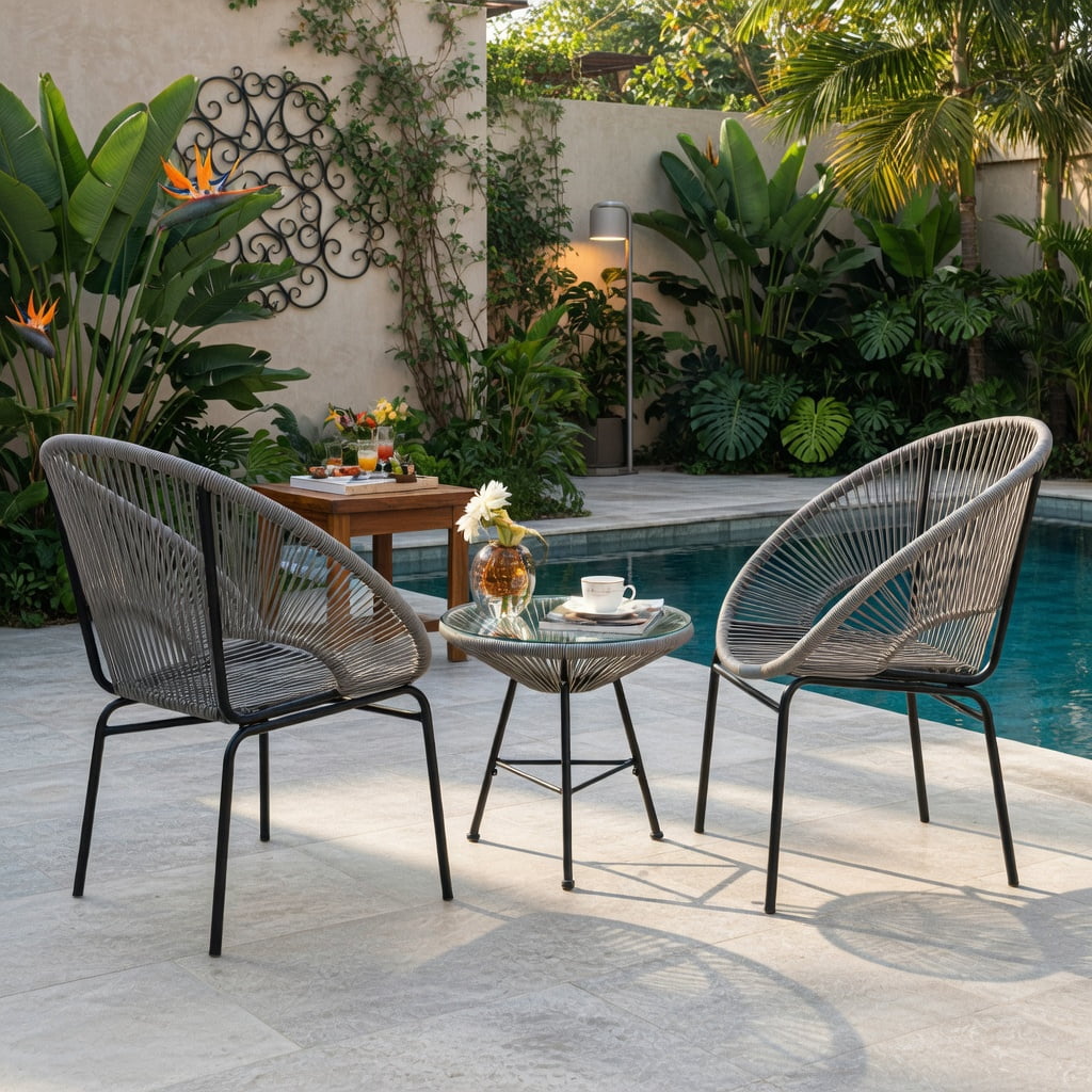 Hommoo 3-Piece Outdoor Acapulco Bistro Set, PE Rope Chairs + Tempered Glass Table for Patio, Yard & Poolside, Gray
