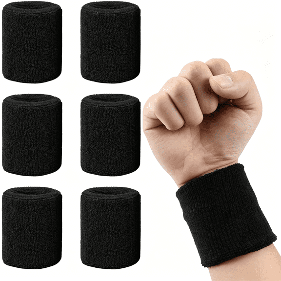 BESTSKY Wrist Sweatbands, 6 Pack Tennis Wrist Bands Absorbent for Men Women, Breathable for Working Out Football Basketball Sports, Black