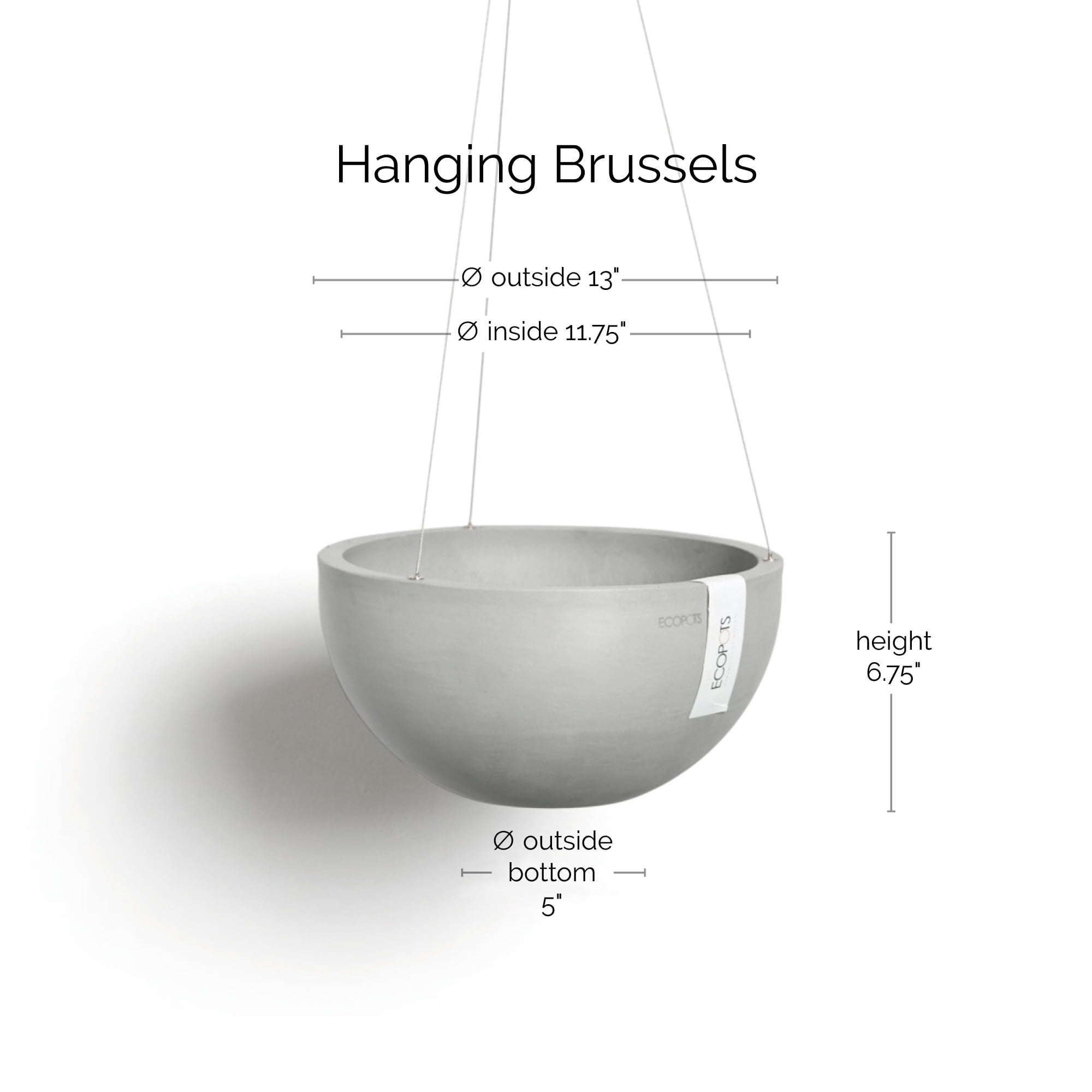 Ecopots Hanging Brussels Durable Modern Round Indoor/Outdoor Recycled Based Composite Flower Pot Planter, White Grey, 13"