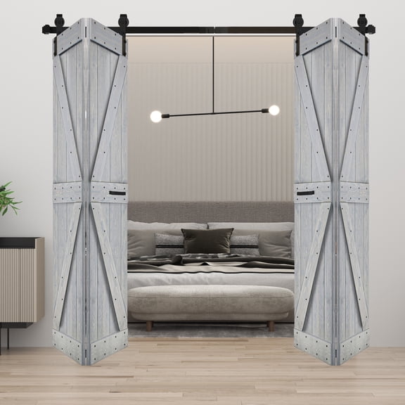 K Style 60 in. x 84 in.(15in x 84in x 4 Panels) French Gray Finished Solid Wood Bi-Fold Barn Door with Two 3.3ft Hardware Tracks -Assembly Needed