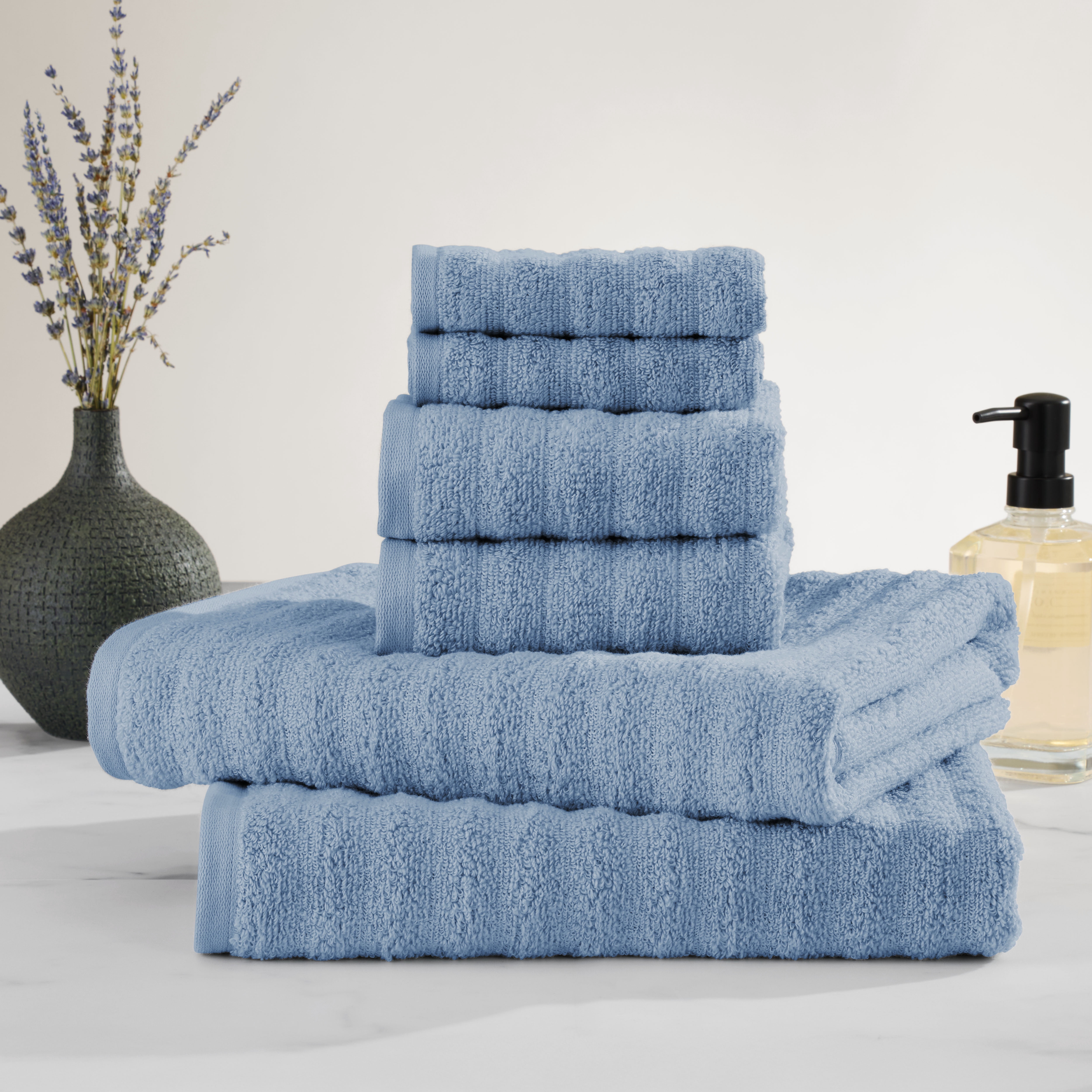 Mainstays Performance Cotton 6-Piece Bath Towel Set, Super Soft Quick Dry Fade Resistant, Textured Blue