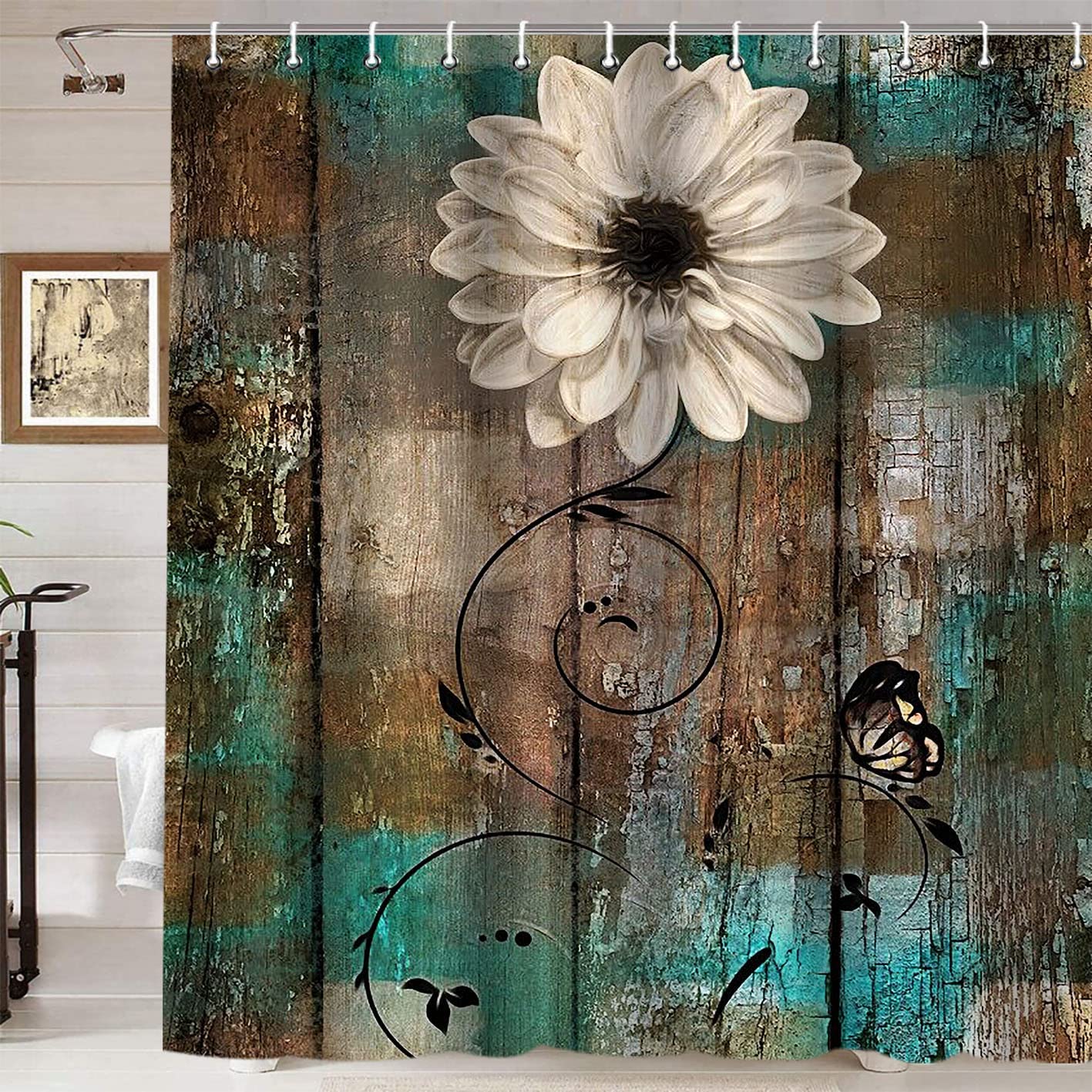 Rustic Farmhouse Shower Curtain, Blue Butterfly White Cotton Flower