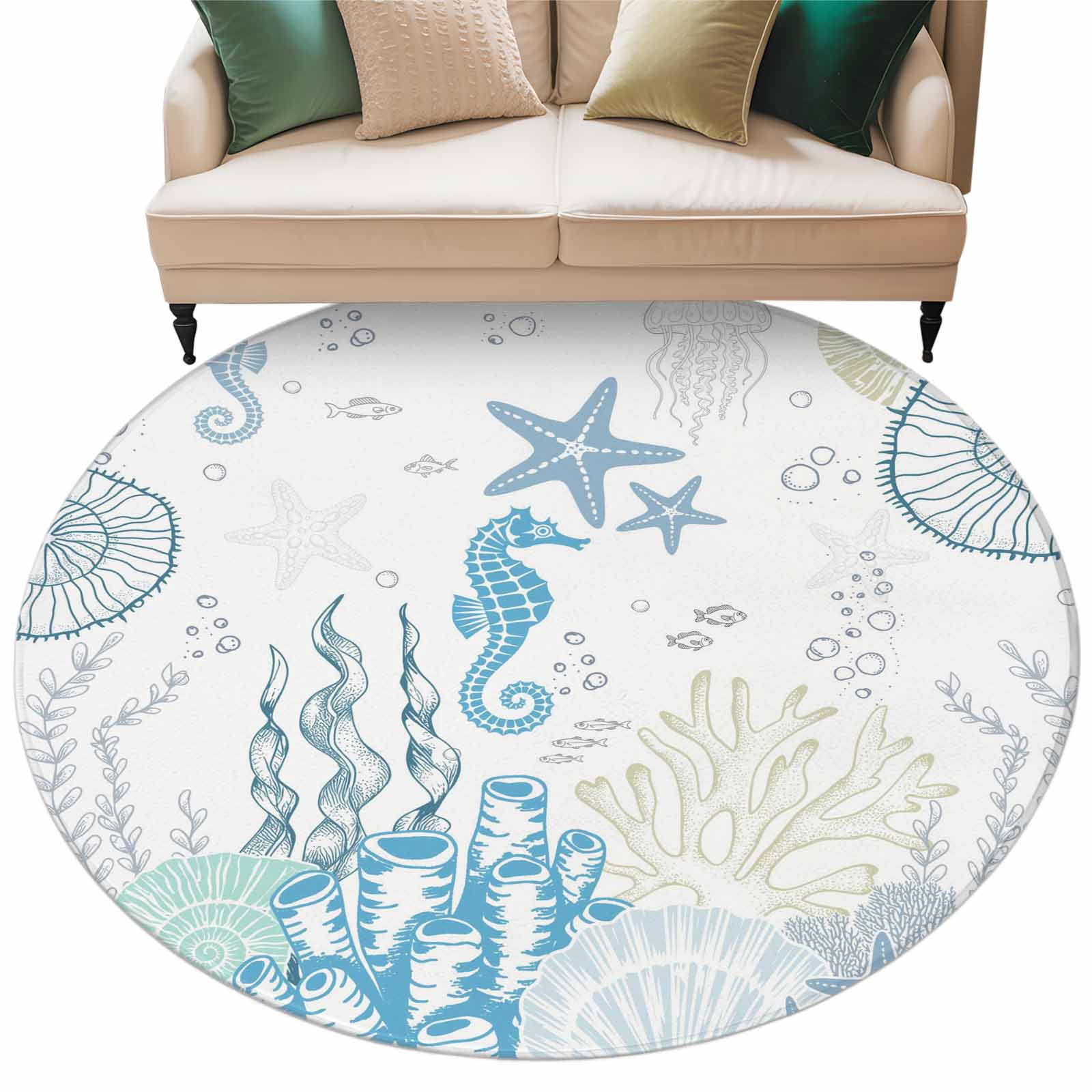 Round Area Rugs Collection 7 Ft, Coastal Blue Non-Slip Residential Carpet, Ocean Coral Starfish Jellyfish Seahorse Indoor Crawling Mats Runner Rugs for Living Room/Dining Room/Bedroom