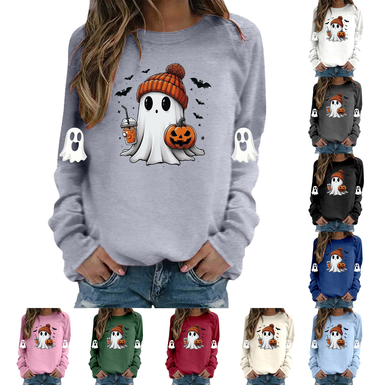 WEIWEN Halloween Clothes for Women Cute Ghost Drinking Coffee Sweaters Pumpkin Halloween Sweatshirt for Women Long Sleeve Shirts Women s Clothing Fall Outfits Blue M