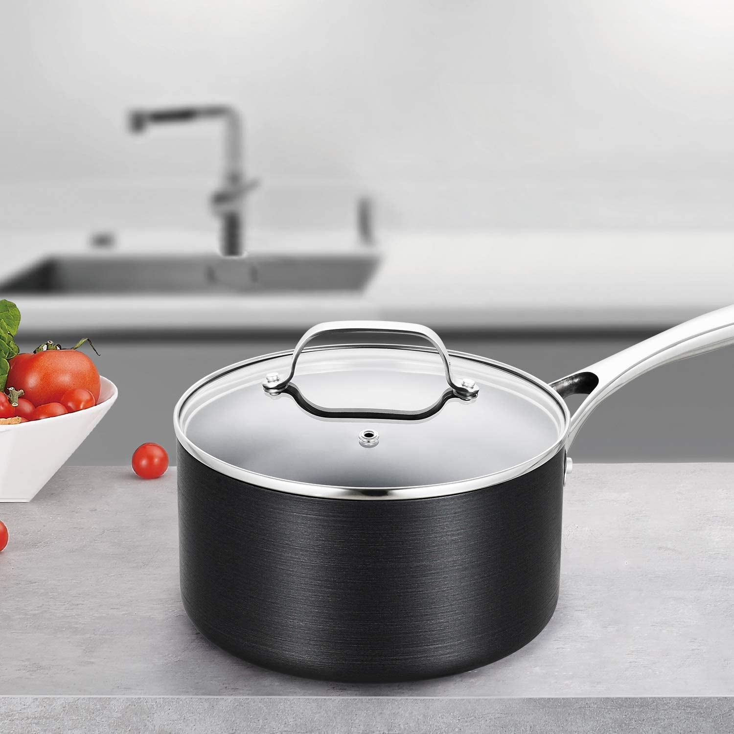 EPPMO 3.5 Qt HardAnodized Aluminum Saucepan with lid, Nonstick Pot, Stainless Steel Handle