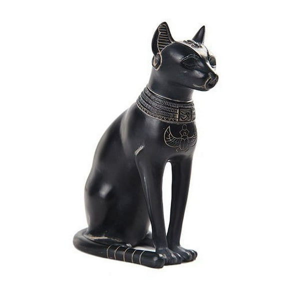 RUSTIC CLAY FINISH BASTET IN BLACK AND FADED GOLD RESIN SCULPTURE FELINE GODDESS