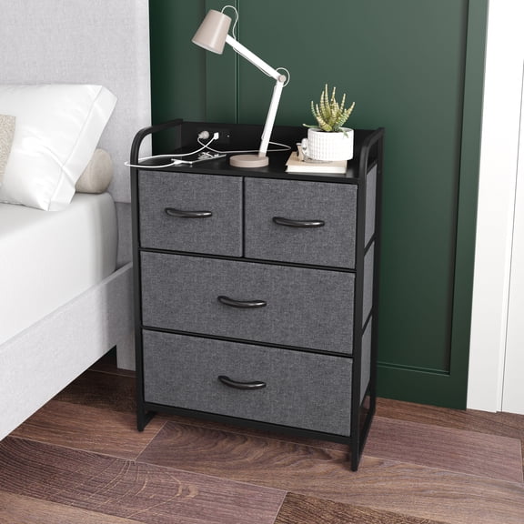 Emma Oliver Nightstand with 4 Charcoal Fabric Drawers, Charging Station with 2 USB Ports/Power Outlet, Black Engineered Wood Top, Wood Handles, Metal Frame