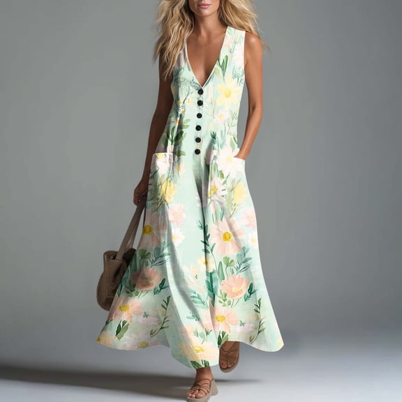 Gamivast Dresses for Women Sleeveless Maxi Dress V-Neck Button Front Linen Casual Loose Fit Floral Sundress with Pockets Summer Vacation Beach Dress Multicolor L