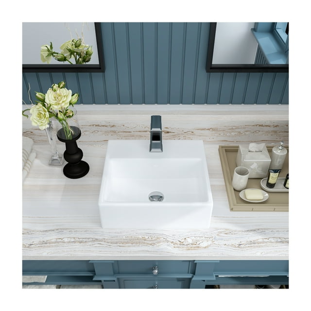 MEJE 14-Inch Bathroom Above Counter Vessel Sink,Ceramic White Rectangle Art Basin,Wash Basin for Small Bathroom