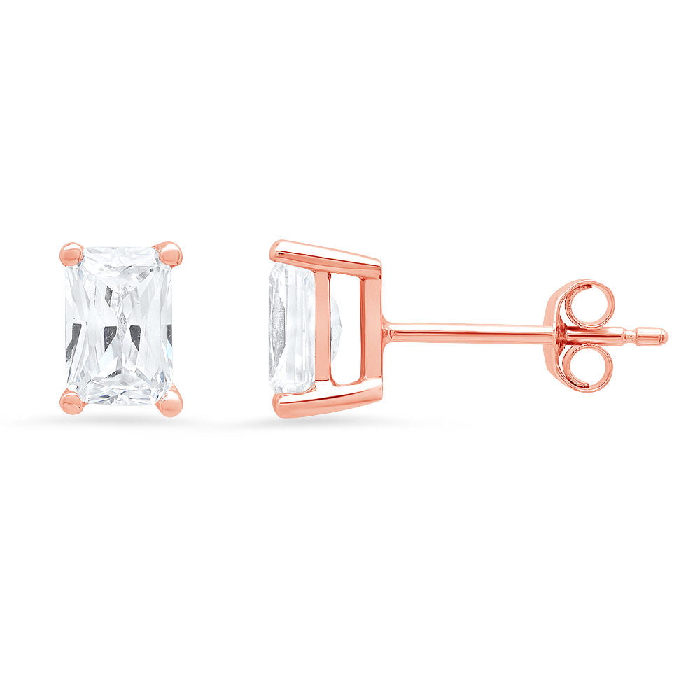 Details about   2CT Emerald Cut Designer Studs White Sapphire 18k Pink Gold Earrings Push back