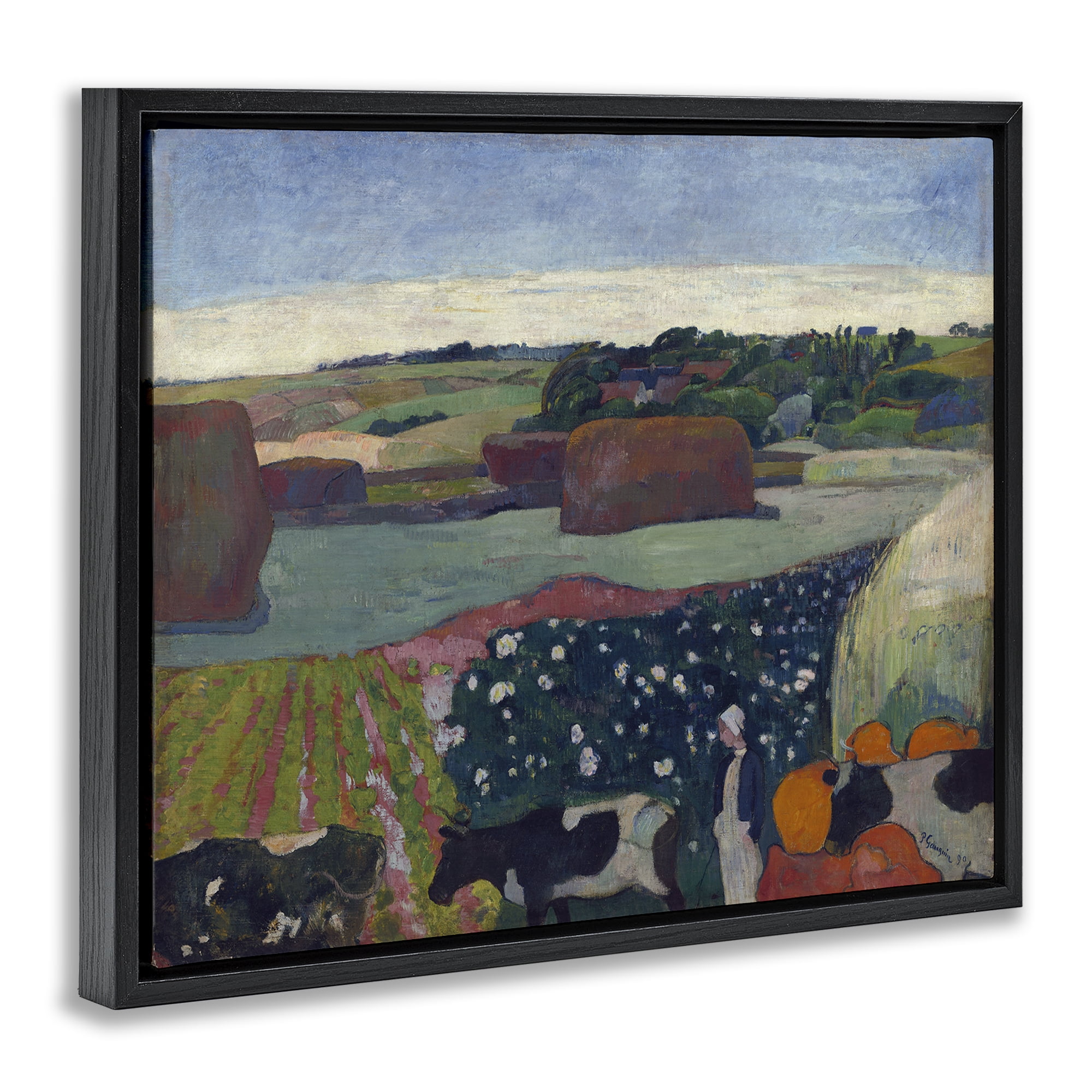 Stupell Industries Classic Haystacks in Brittany Landscape & Nature Painting Black Floater Framed Canvas Art Print Wall Art, 31 x 25