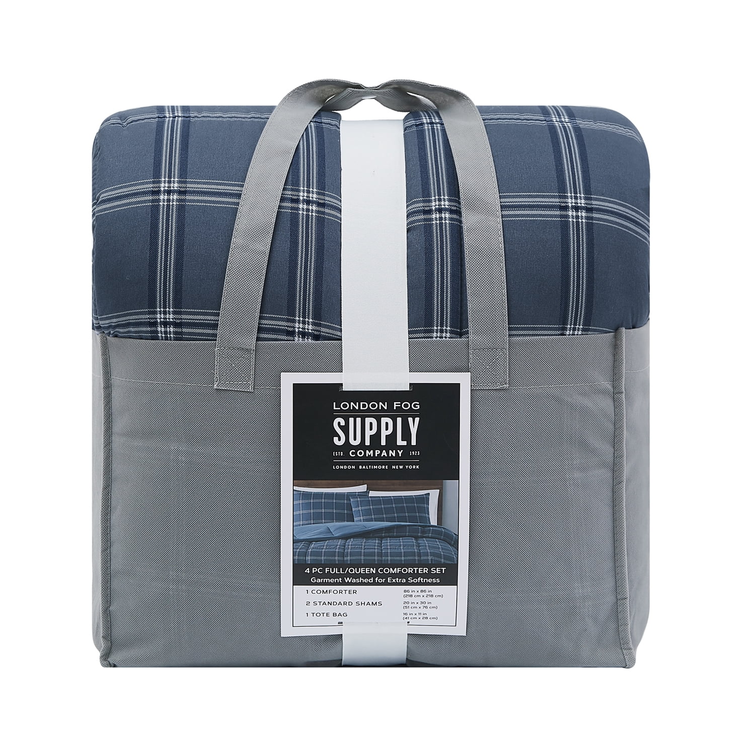 London Fog Supply Navy Grid 4-Piece Garment Washed Comforter Set, King