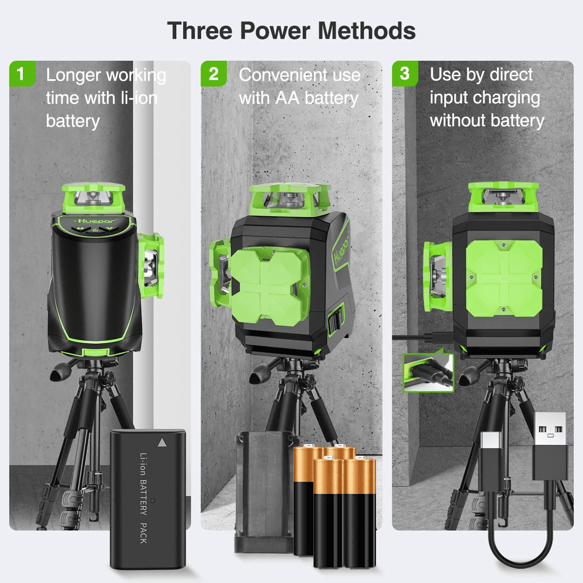 Huepar 3D Cross Line Laser Level 3 x 360 Green Beam Self-leveling Laser Level Tools with Li-ion Battery and Magnetic Pivoting Base