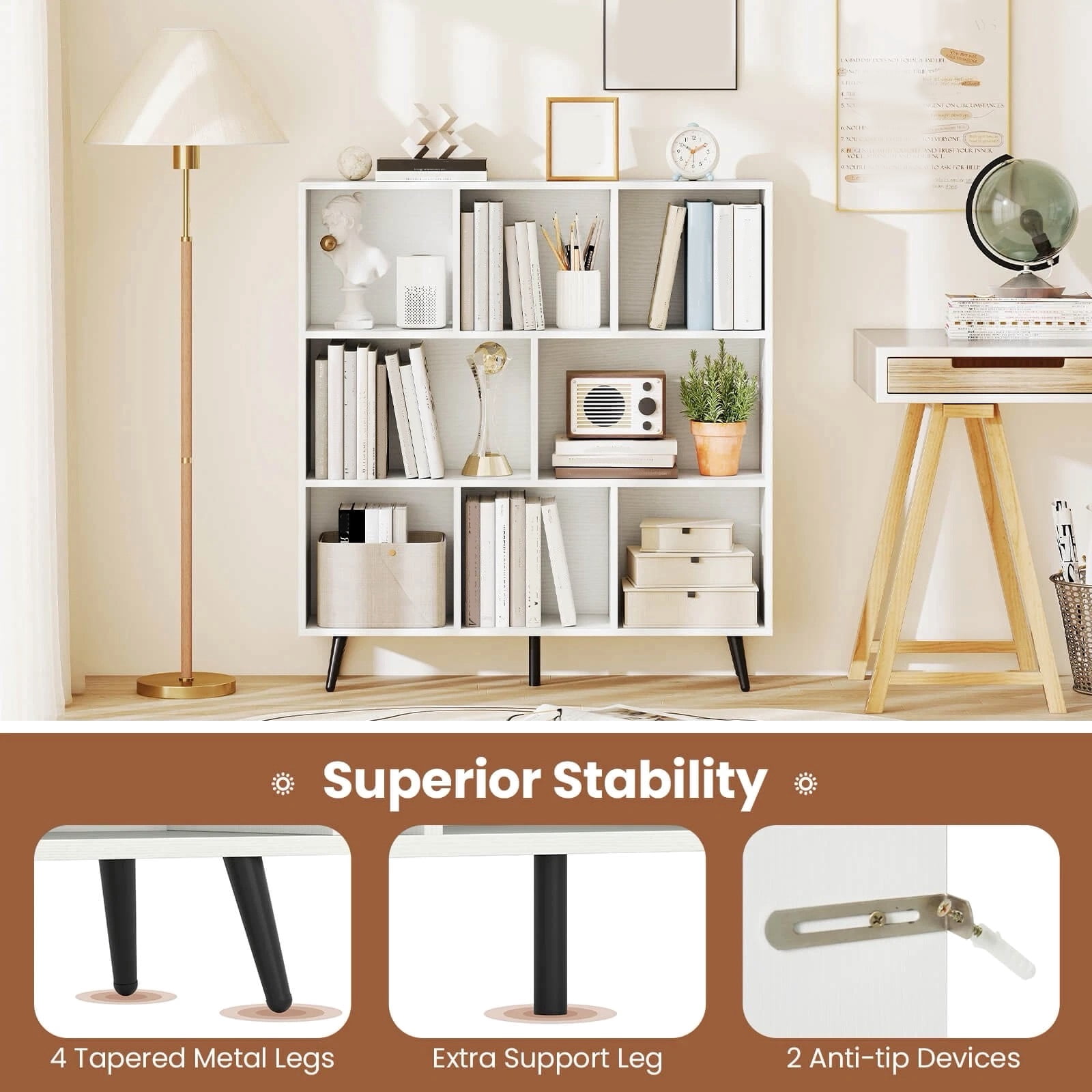 Auranook 8 Cube Bookcase 3-Tier Modern Storage Organizer with 5 Metal Legs Bookshelves
