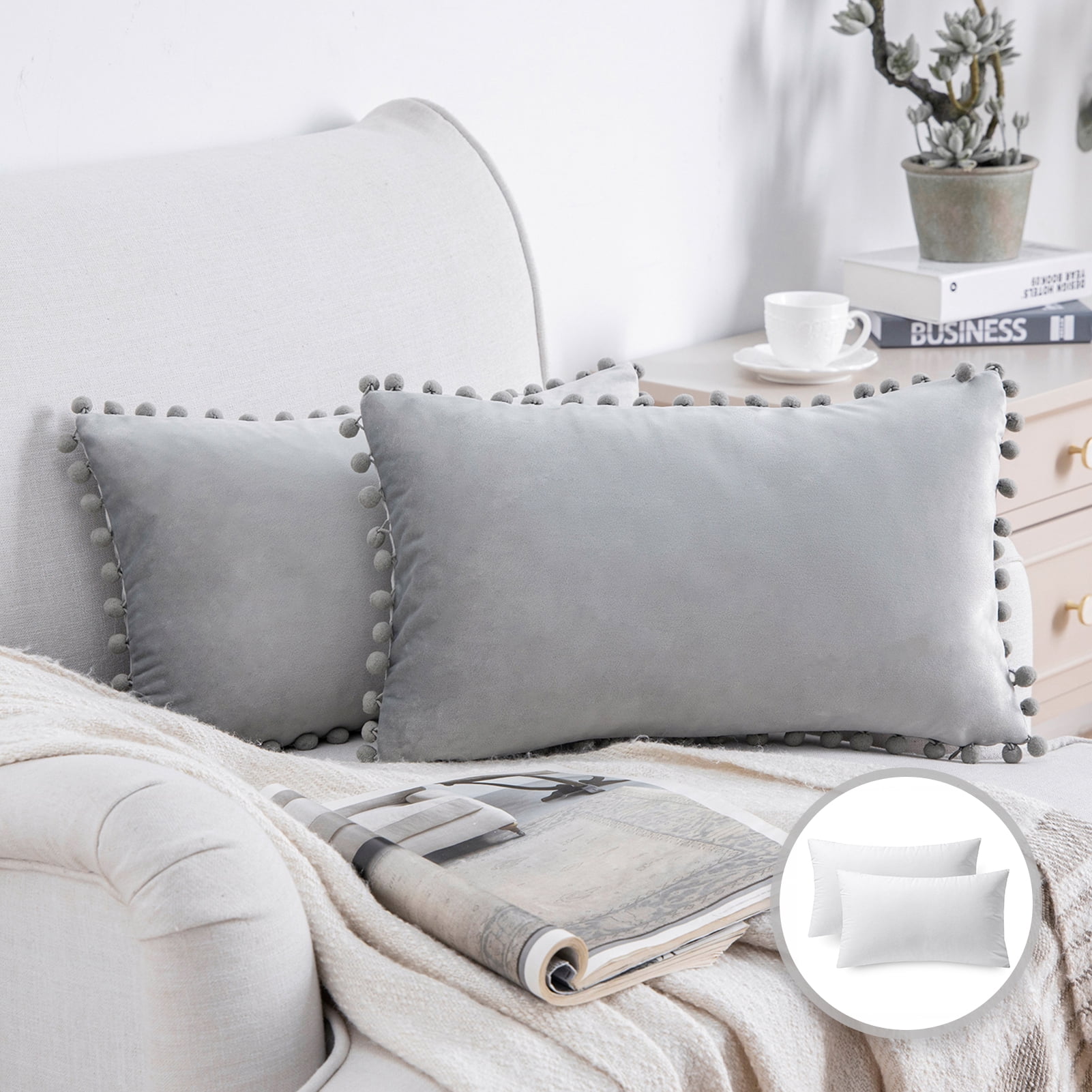 Phantoscope Pom Pom Velvet Series Decorative Throw Pillow, 12" x 20", Grey,  2 Pack - Walmart.com