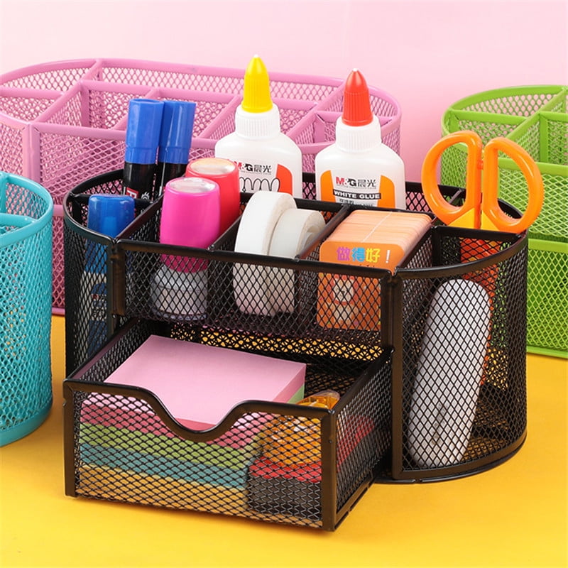 Pen Holder Mesh Desk Organizer Office Supplies with 9 Compartments 1 Drawer 