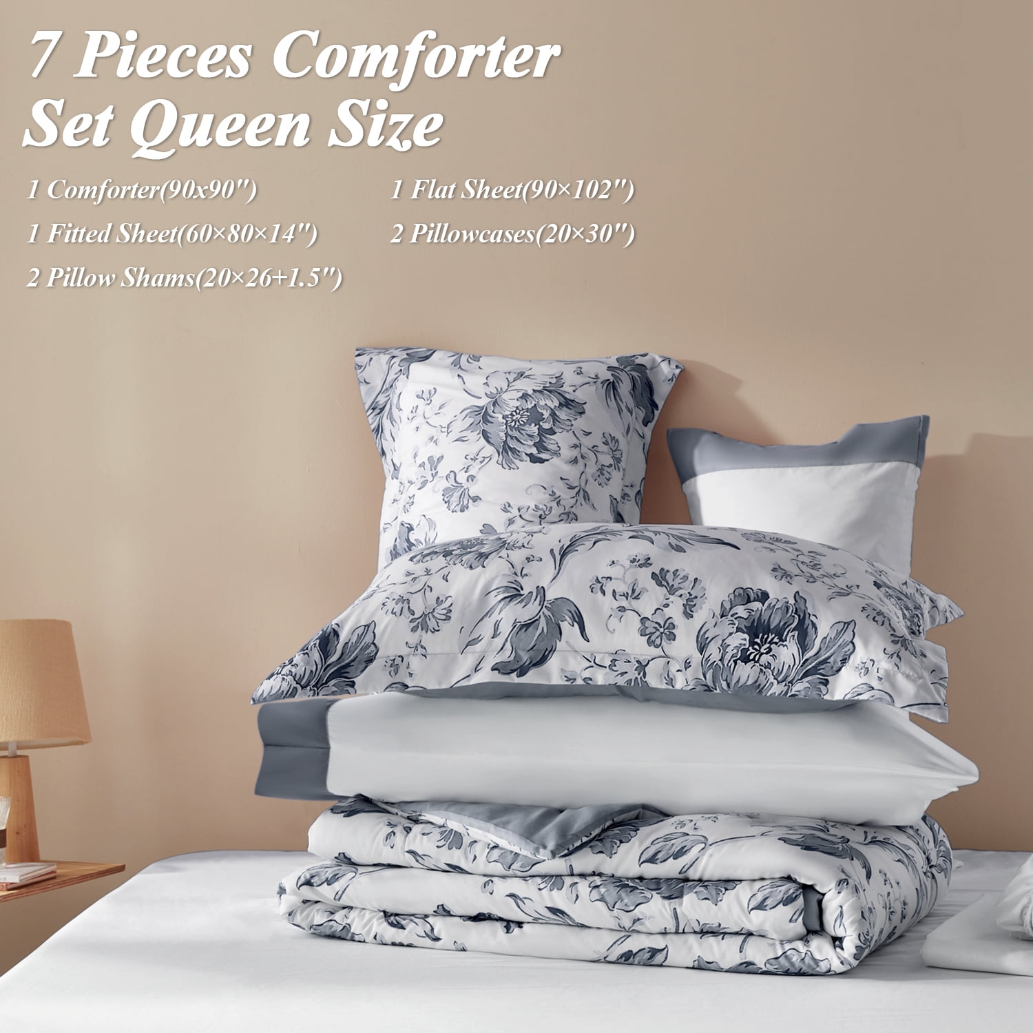 Bedtreat Queen Comforter Sets,7-Pieces Reversible Bedding Sets,Bed in a Bag with Comforter,Flat Sheet and Fitted Sheet,Pillowcases & Shams,Lisse,Blue Mirage