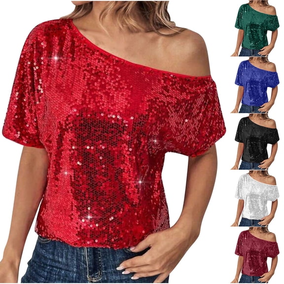 Agkizg Women's Summer Asymmetrical Shoulder Top Solid Color Sequin Patchwork Off Shoulder Short Sleeve Casual Blouse