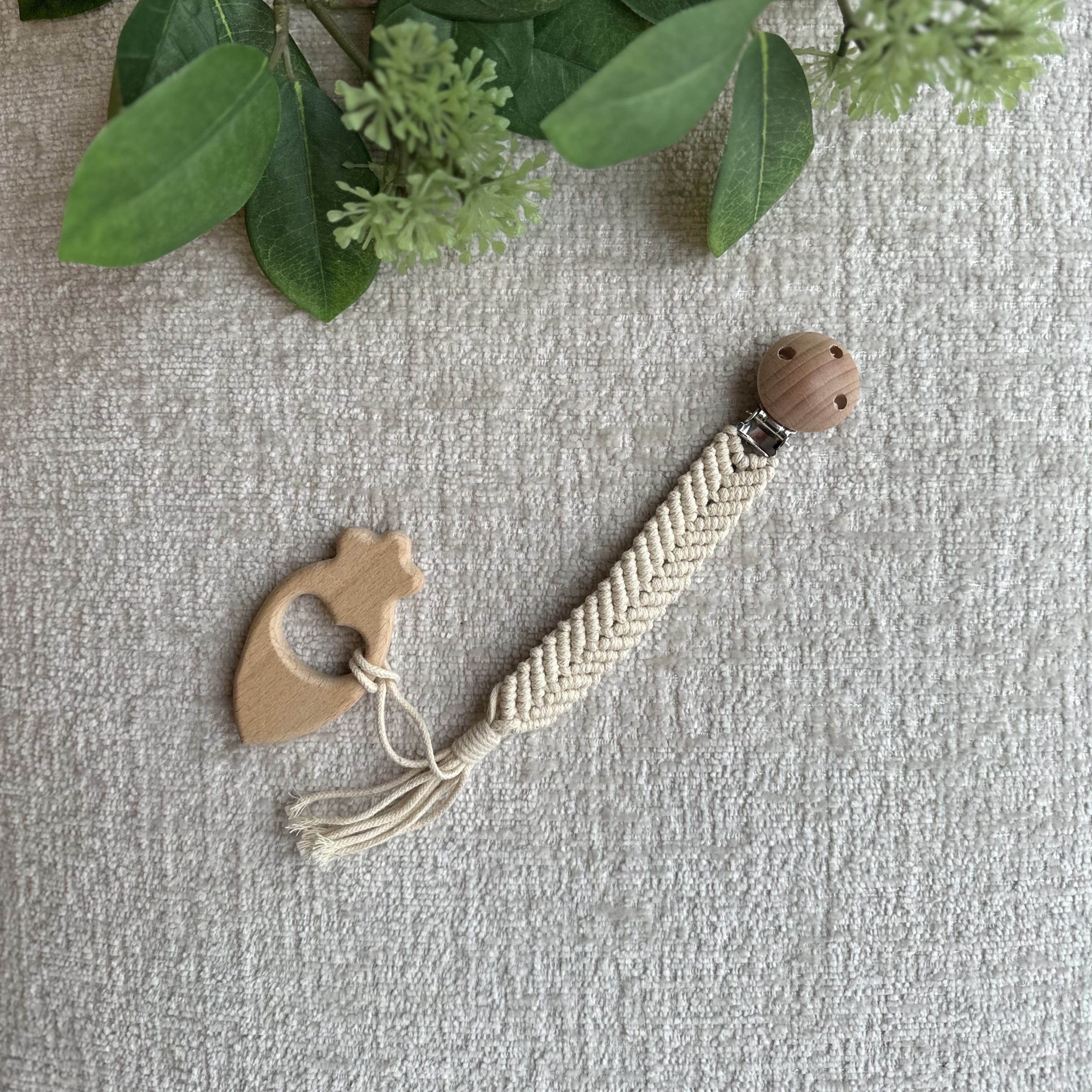 Organic Cotton Handmade Crotchet Bunny Rattle, Toy, teether and Pacifier Holder Baby Shower/Birthday Gift Set., beige