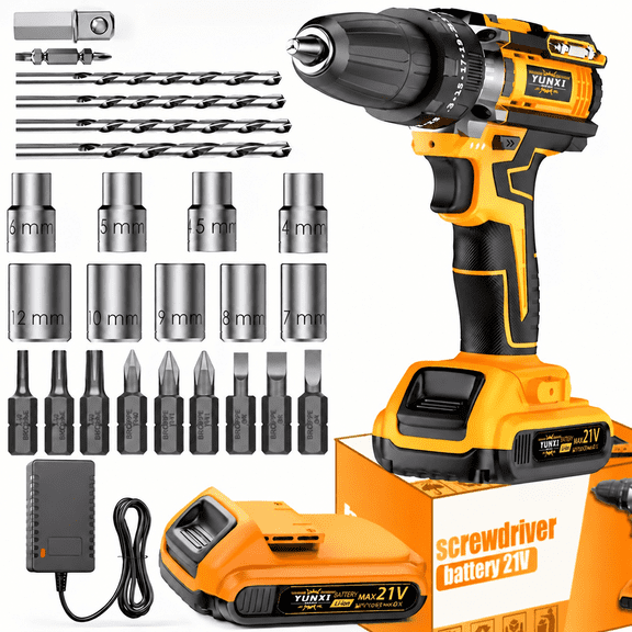 21V Cordless 3-in-1 Impact Drill Driver, 25 1 Torque Settings, 2 Speed Power Drill with LED Work Light for Concrete, Wood, Metal & Home DIY Projects