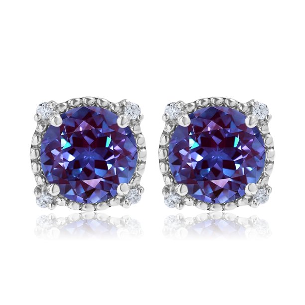 JeenMata Pendientes de 3,5 Quilates con Corte Redondo, Alejandrita (Piedra Natal de Junio), con Halo Milgrain en Oro Blanco de 18 K sobre Plata
