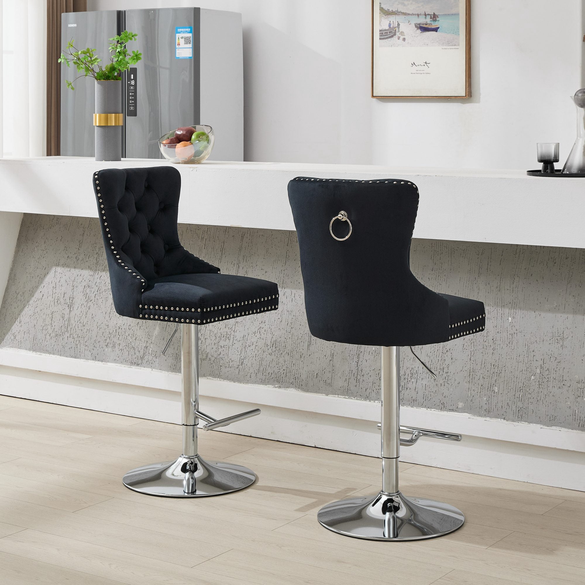 2-Piece Velvet Swivel Bar Stools, Adjustable Counter Height Dining Bar Chairs with Tufted Backrest and Nailhead Trim for Kitchen Island （Black with Silver Leg）