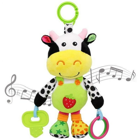 baby car seat toy with 24 kinds of music and teether, baby soft plush rattle, early development of hanging stroller toys, suitable for 0, 3, 6, 9, 12 months of newborn boys and girls gifts (cows)