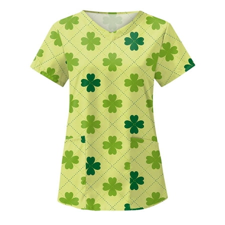 

Zodggu Flash Pick Happy St. Patrick s Day Graphic Scrub Tops for Women Slim Fit Casual Pocket Fashion Ladies Tunic Blouse Short Sleeve Sexy V Neck Working Uniform Female Leisure Yellow 6