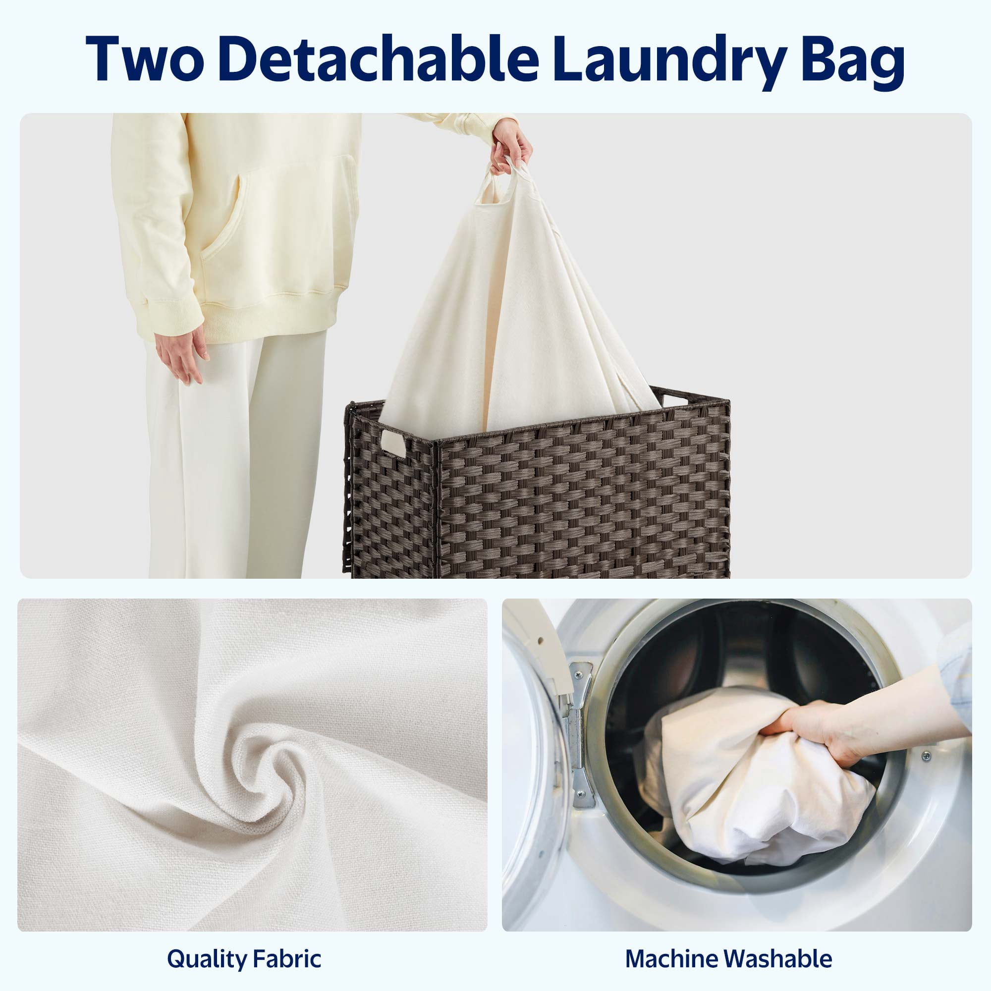 Rolanstar 110L Laundry Hamper Wicker Laundry Basket with Lid, Handles Clothes Hamper Foldable with 2 Removable Liner Bags, Brown
