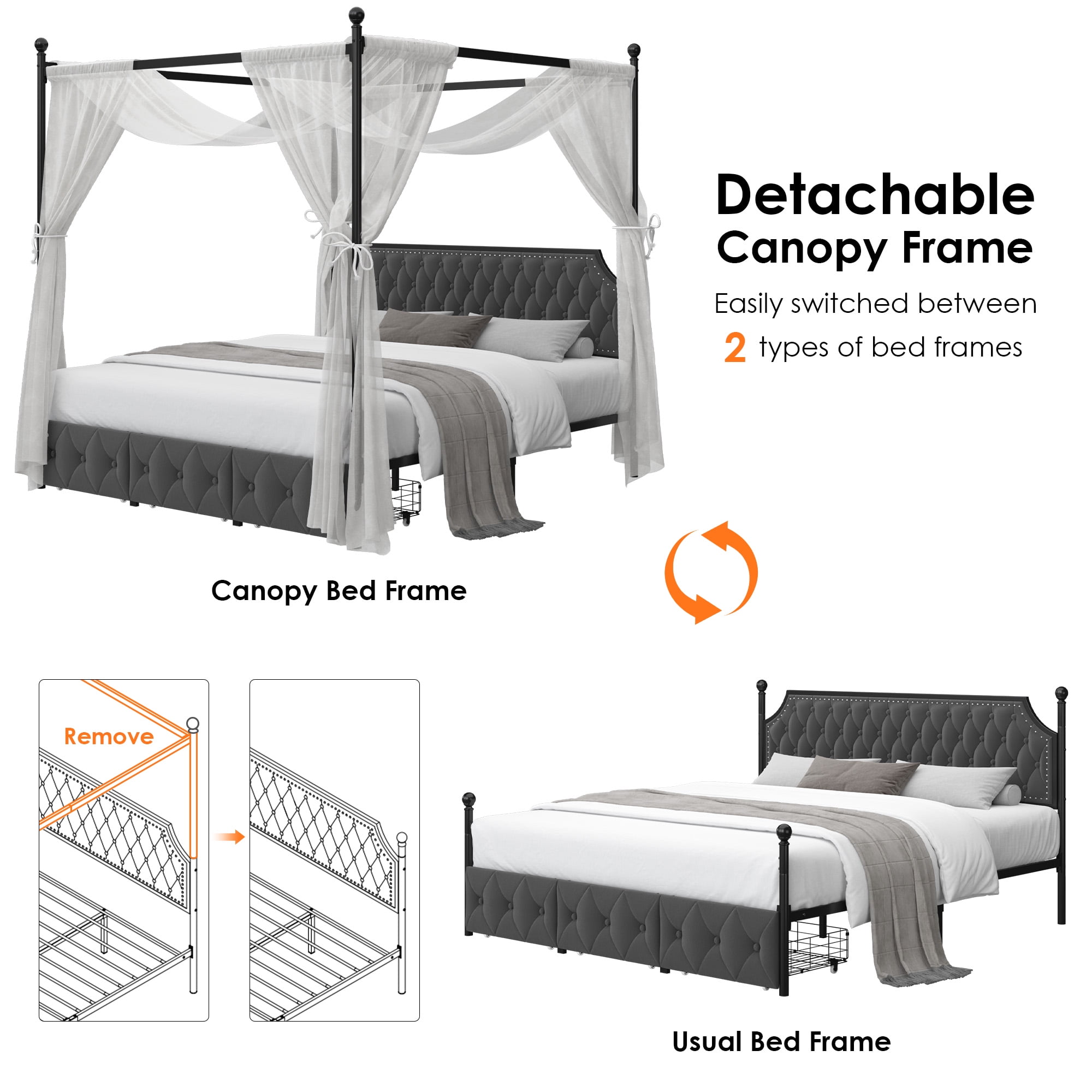 Homfa King Canopy Bed Frame for Bedroom with Drawer, Modern Platform Bed with Button Tufted Upholstered Headboard, Canopy Bed Curtain Not Included, Dark Gray