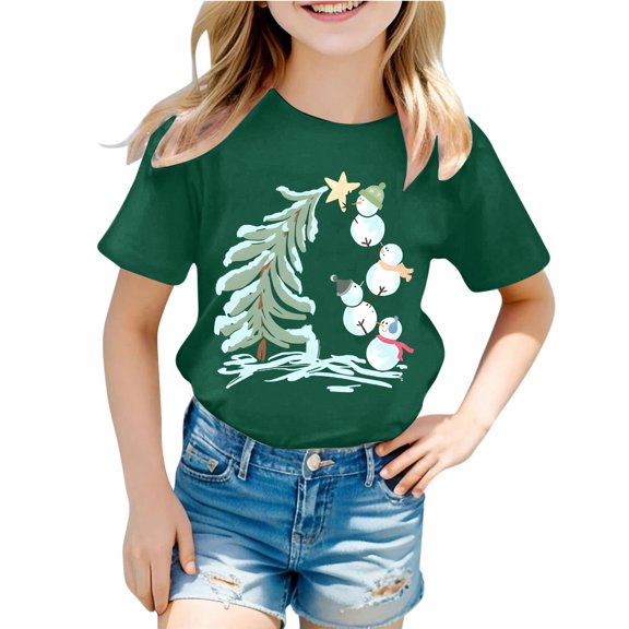 Bainana Christmas T Shirts For Girls Santa Tree Snowman Print Short Sleeve Tees Regular Fit Theme Party Tops Clothes