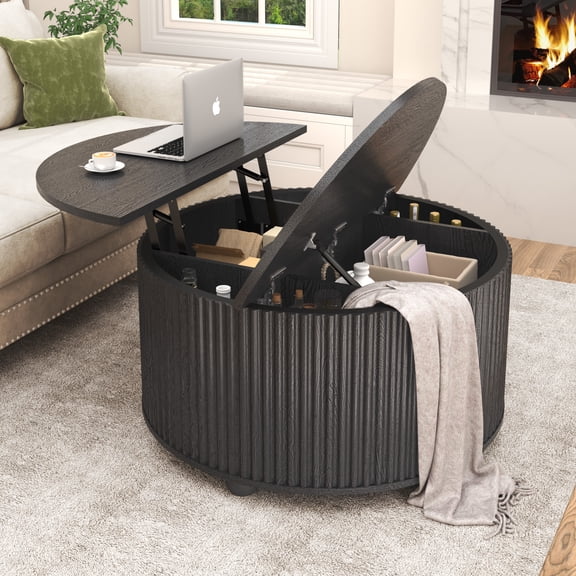 ANPOO Round Lift Top Coffee Table with Storage, 34.6" Fluted Center Table for Living Room, Modern Circle Drum Table, Mid Century Furniture for Small Space