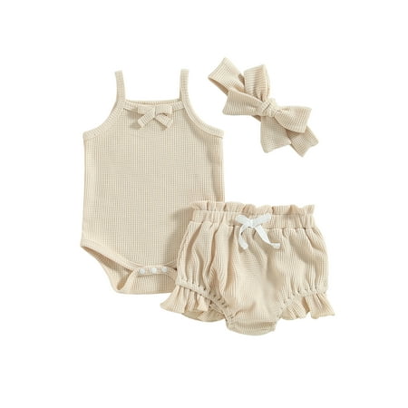 

One opening 3 Pcs Baby Girls Summer Ribbed Outfits Sleeveless Waffle Knit Romper Tops + Shorts + Bowknot Headband Sets