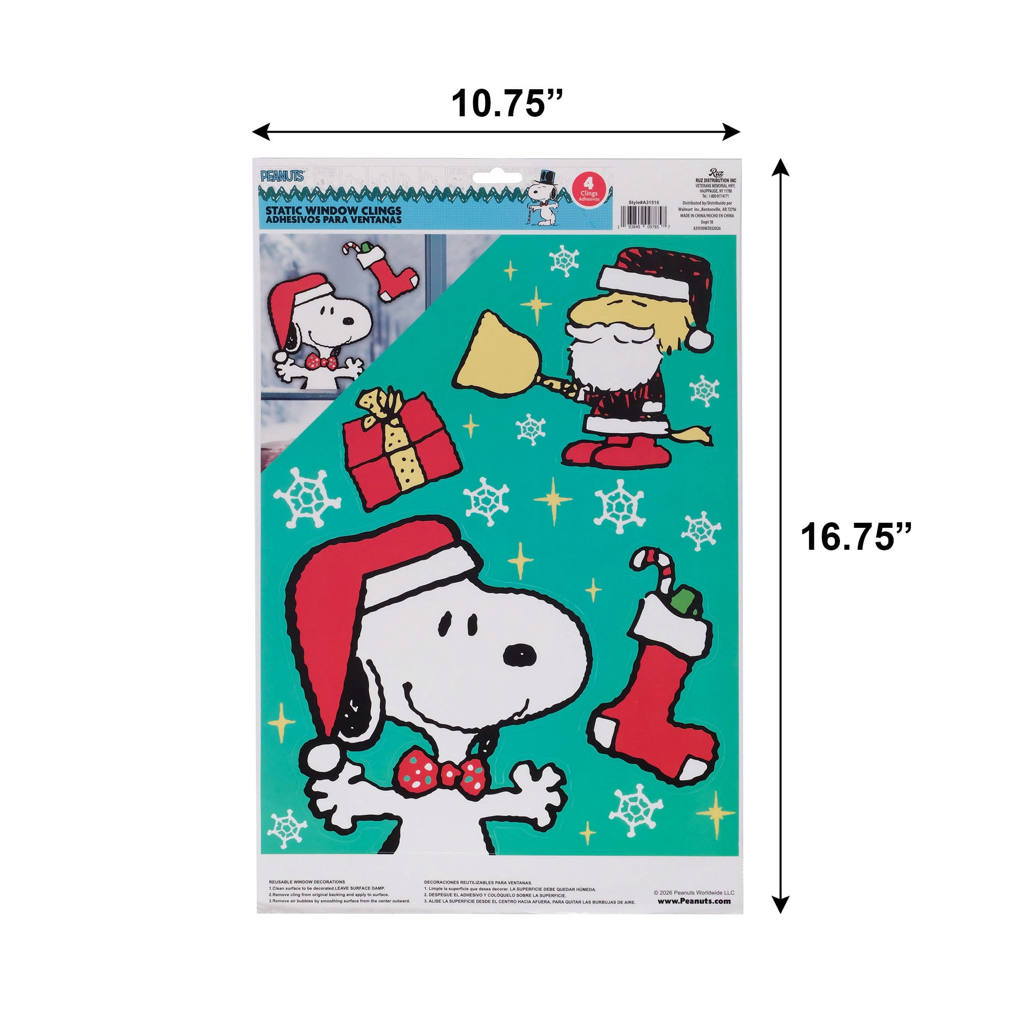 Peanuts Snoopy Christmas Static Window Clings Decor for Vehicles, 4-Piece Set