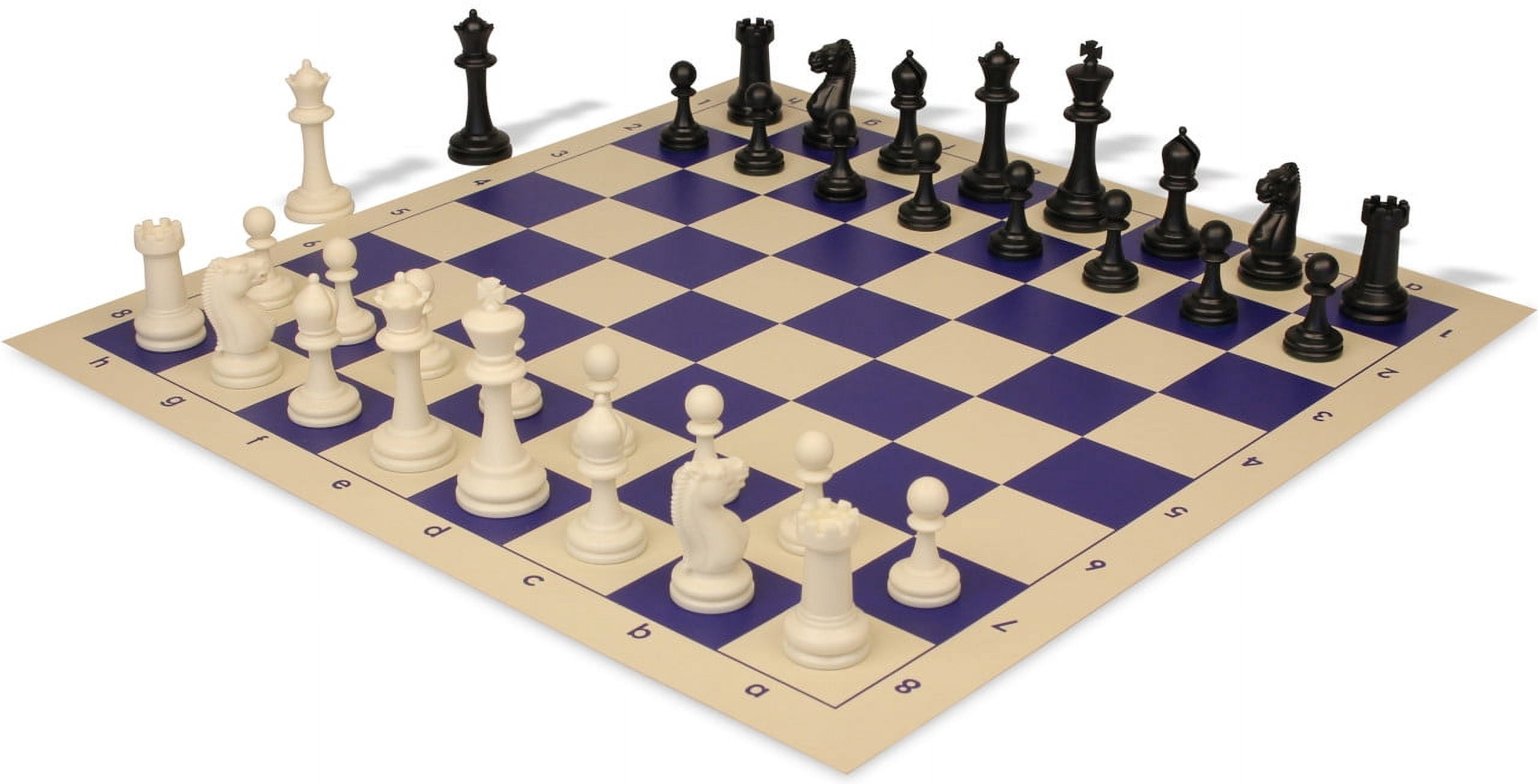 Master Series Easy-Carry Plastic Chess Set Black & Ivory Pieces with Vinyl Rollup Board - Blue