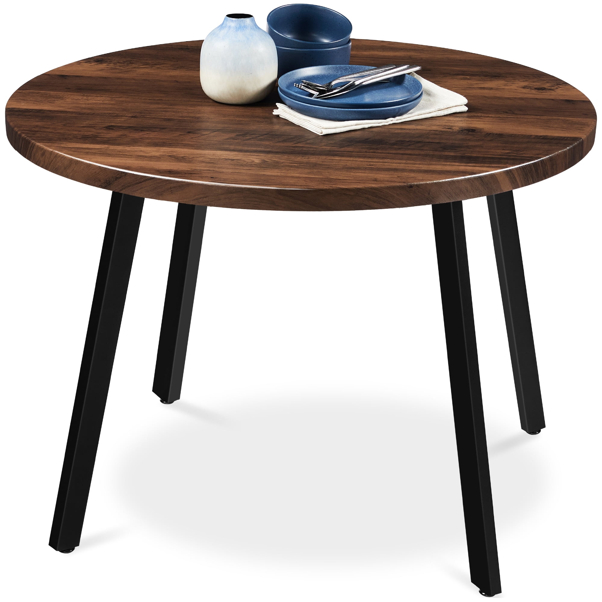 Best Choice Products 35.5in Mid-Century Modern Round Dining Table w/ Steel Legs, Adjustable Feet - Dark Brown