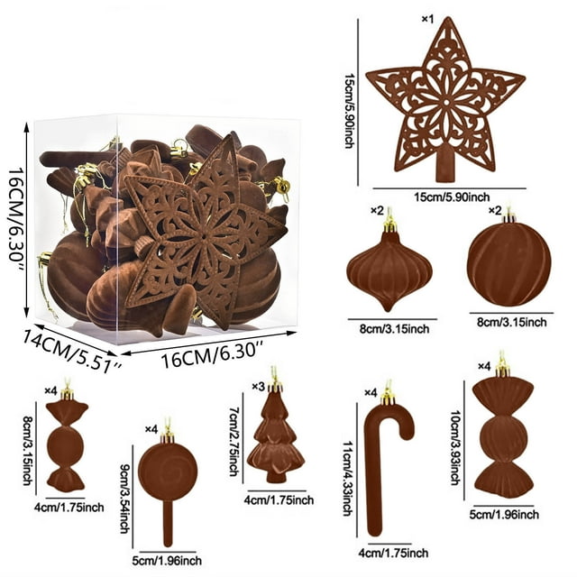 Christmas Tree Decorations,24 Piece Irregular Shape Flocked Christmas Ball with Star Topper Set