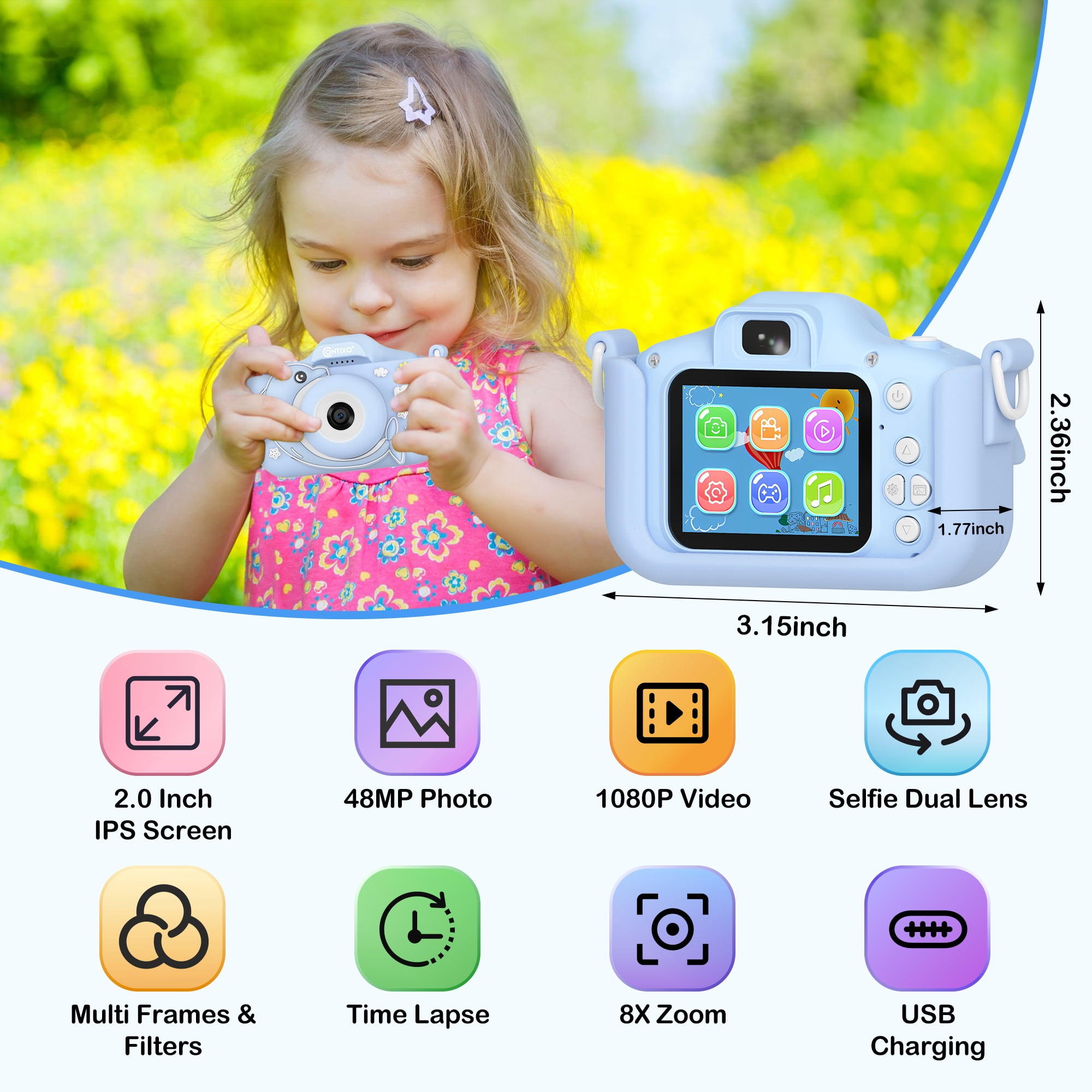 Contixo Kids Camera, Educational Dual Lens Camera with Carry Case and 32 GB SD Card, Blue