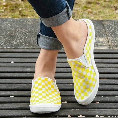 

Women‘s Yellow Checkerboard Flat Mules Closed Toe Slip On Canvas Shoes Casual Walking Slides Shoes