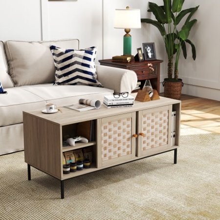 FFH 42" Coffee Table with Storage & Sliding Barn Doors,Wooden Rectangular Table Rustic Coffee Table for Living Room,Elegant Veener Weaving Design Cocktail Table with 4 Sliding Door