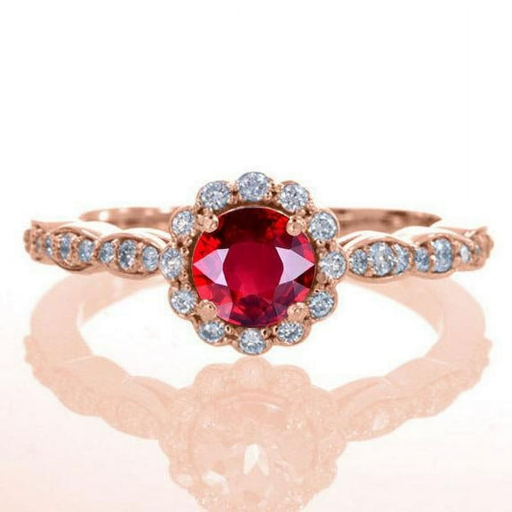 Limited Time Sale: Antique Vintage Design 1.25 Carat Red Ruby and Diamond Moissanite Engagement Ring in 10k Rose Gold for Women on Sale